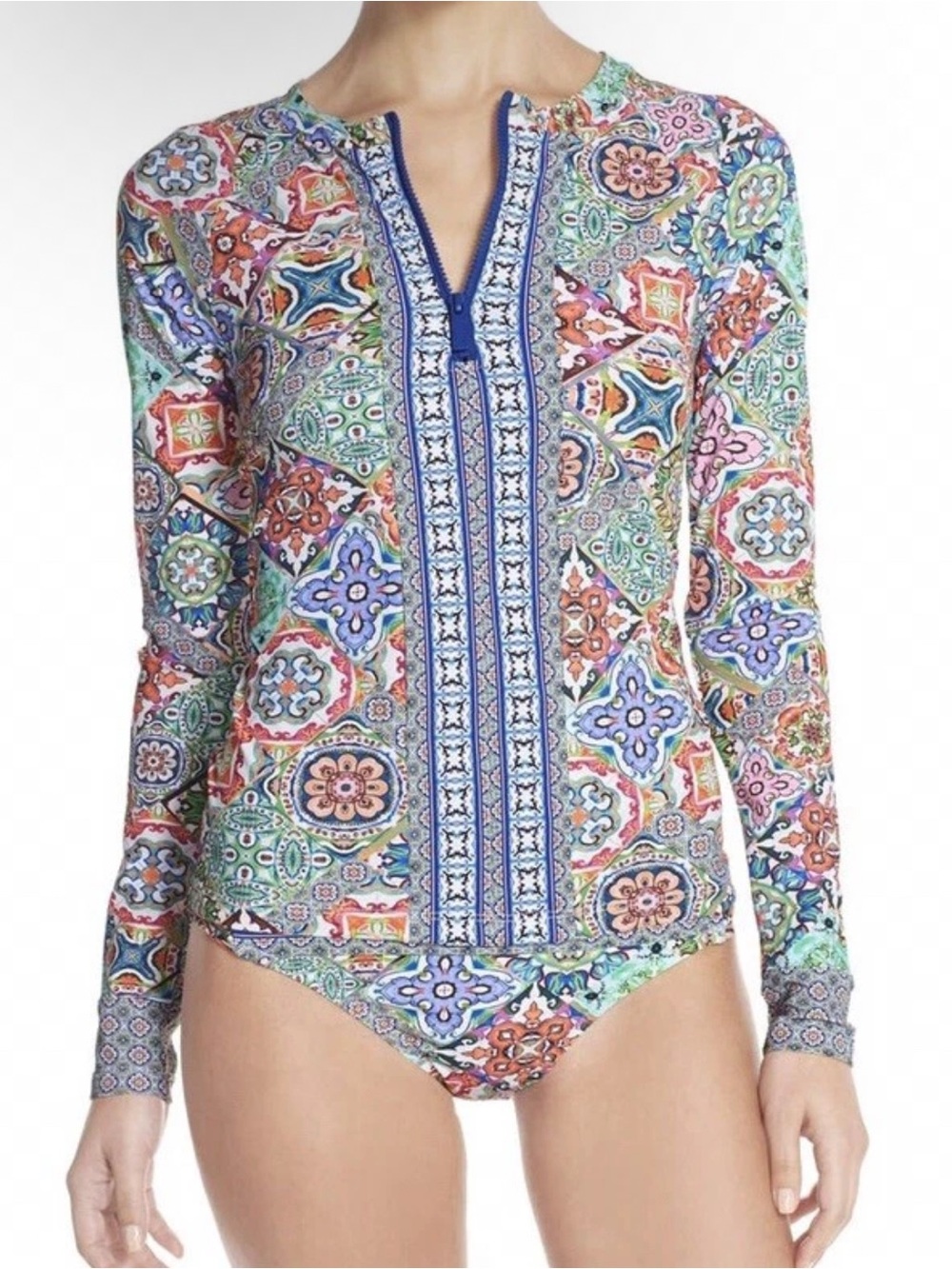 Nanette Lepore Swim Shirt Rashguard XS/S Greek Tile Print Long Sleeve Sun Resort